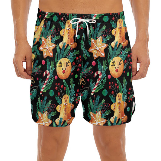 Watercolor Gingerbread Pattern Print Men's Split Running Shorts