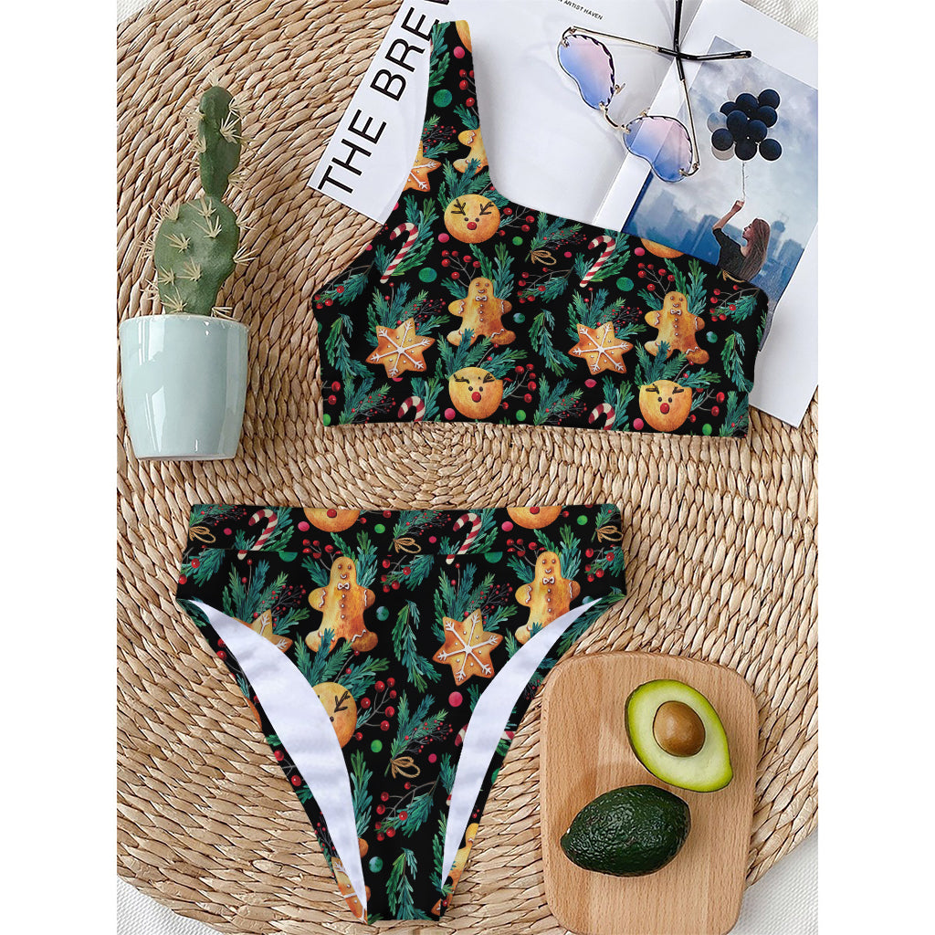 Watercolor Gingerbread Pattern Print One Shoulder Bikini Top