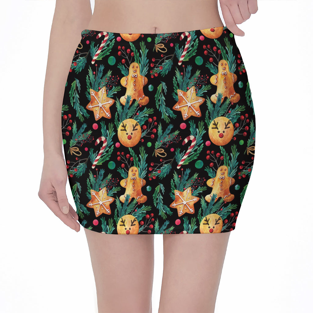 Watercolor Gingerbread Pattern Print Pencil Mini Skirt