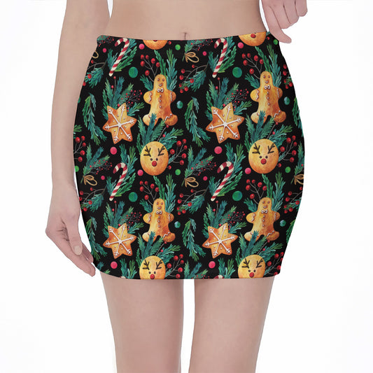 Watercolor Gingerbread Pattern Print Pencil Mini Skirt