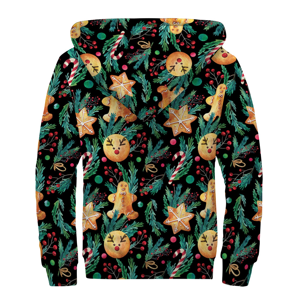 Watercolor Gingerbread Pattern Print Sherpa Lined Zip Up Hoodie