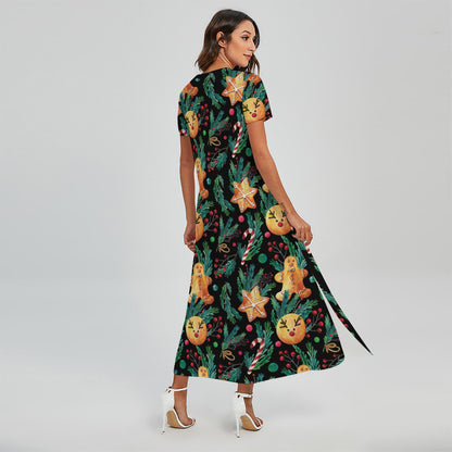 Watercolor Gingerbread Pattern Print Short Sleeve Maxi Dress
