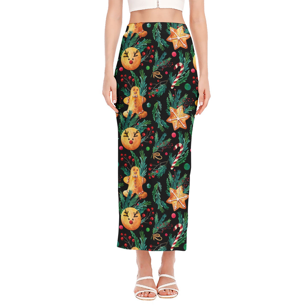 Watercolor Gingerbread Pattern Print Side Slit Maxi Skirt