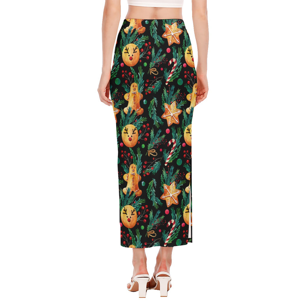 Watercolor Gingerbread Pattern Print Side Slit Maxi Skirt