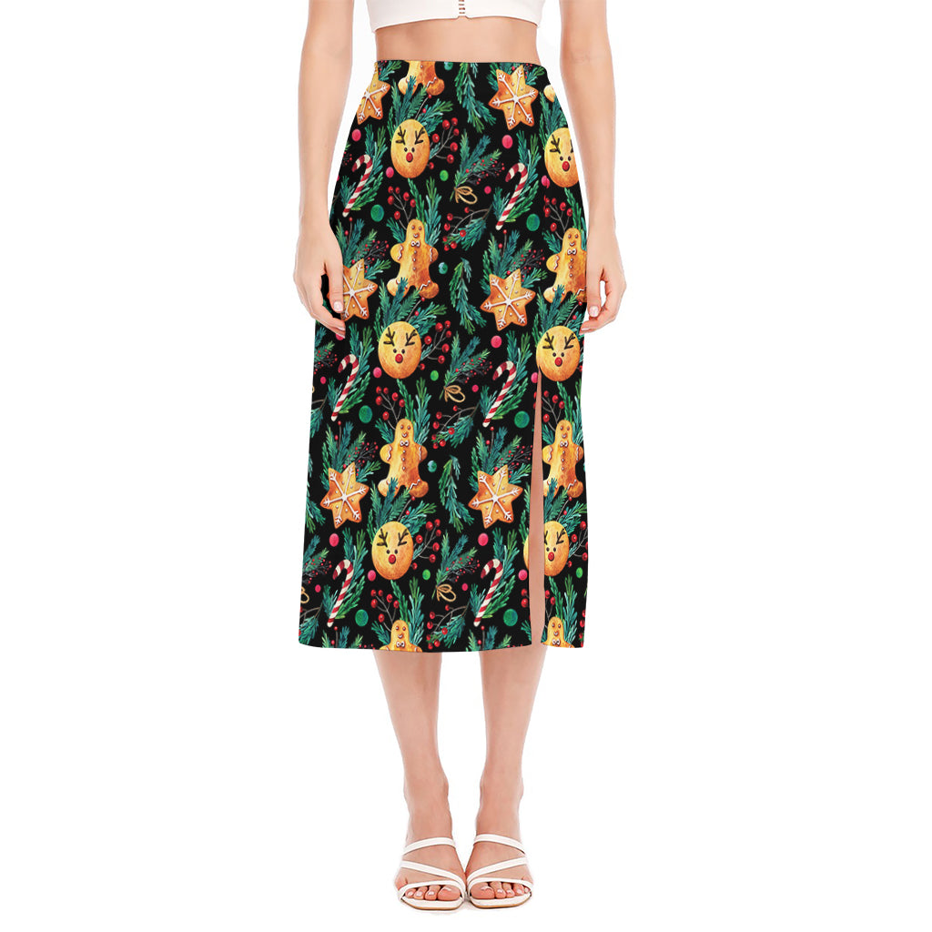 Watercolor Gingerbread Pattern Print Side Slit Midi Skirt