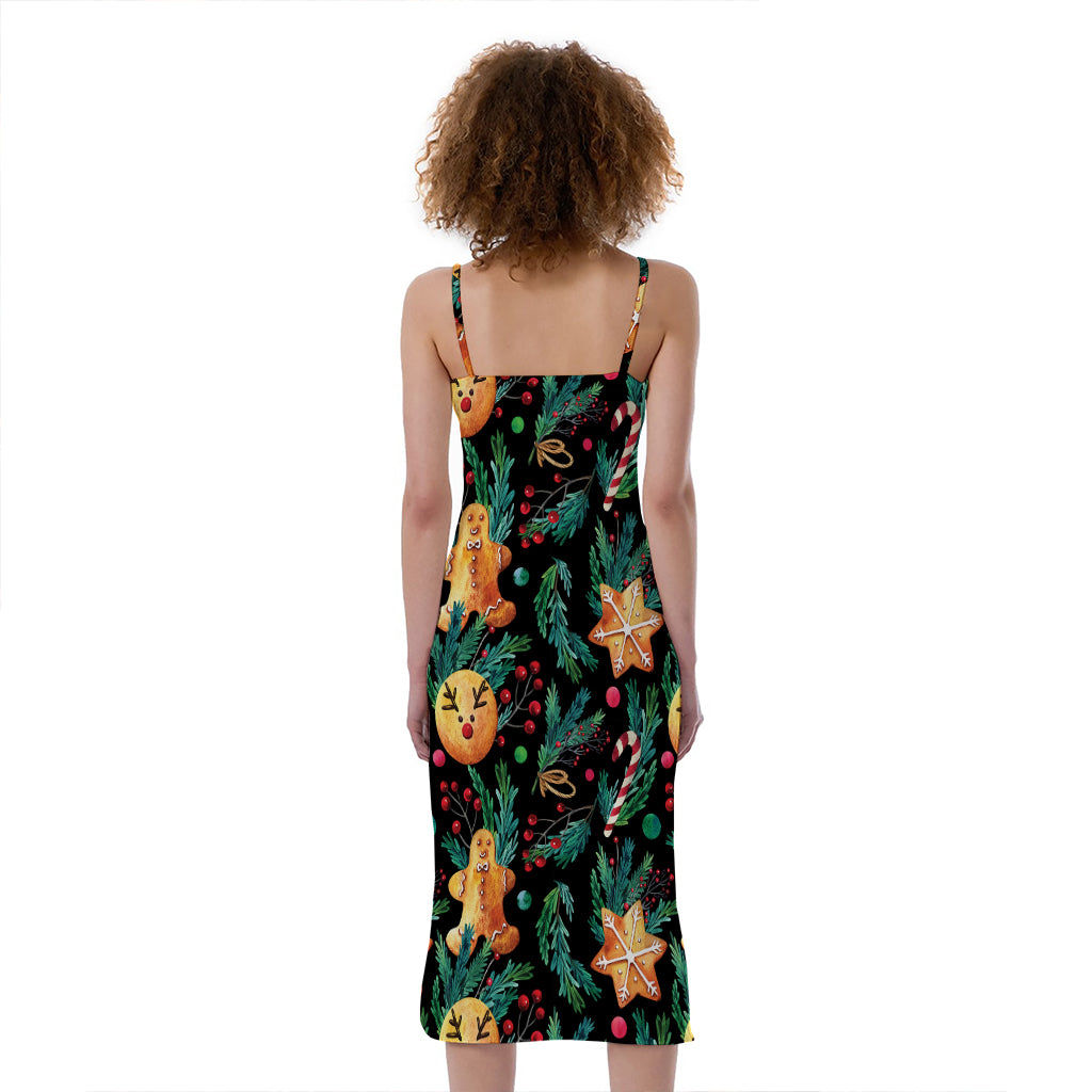 Watercolor Gingerbread Pattern Print Slim Fit Midi Cami Dress