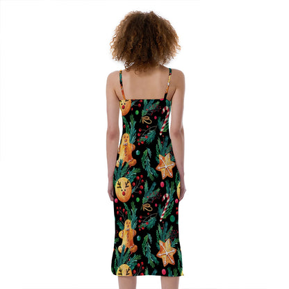 Watercolor Gingerbread Pattern Print Slim Fit Midi Cami Dress