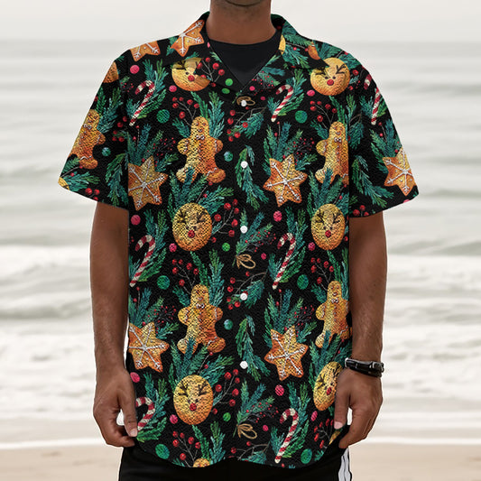 Watercolor Gingerbread Pattern Print Textured Short Sleeve Shirt