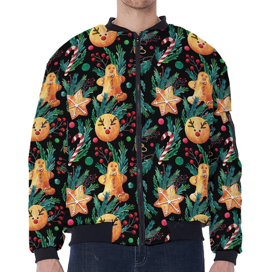 Watercolor Gingerbread Pattern Print Zip Sleeve Bomber Jacket