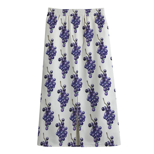 Watercolor Grape Pattern Print Cotton Front Slit Maxi Skirt