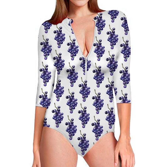 Watercolor Grape Pattern Print Long Sleeve Swimsuit