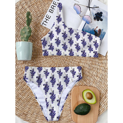 Watercolor Grape Pattern Print One Shoulder Bikini Top