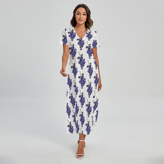 Watercolor Grape Pattern Print Short Sleeve Maxi Dress