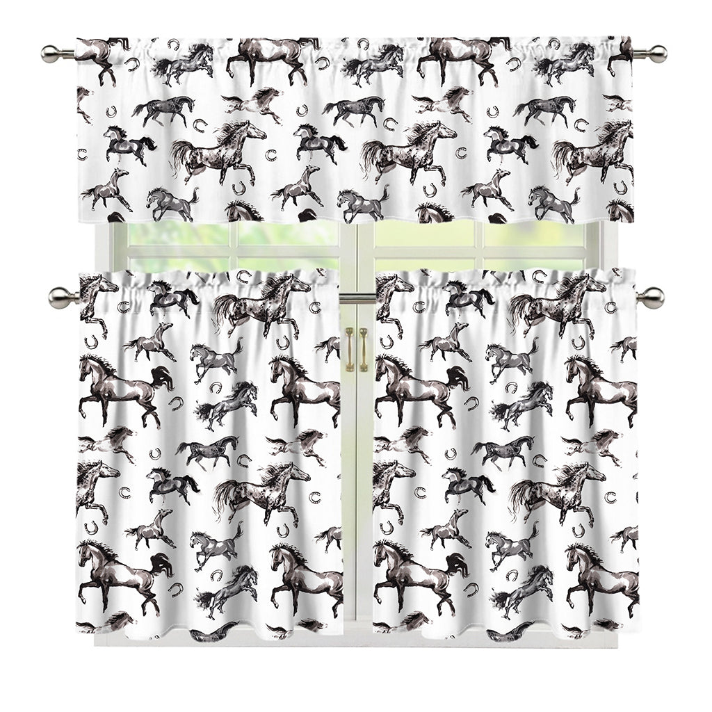 Watercolor Horse Pattern Print 3 Piece Kitchen Curtains