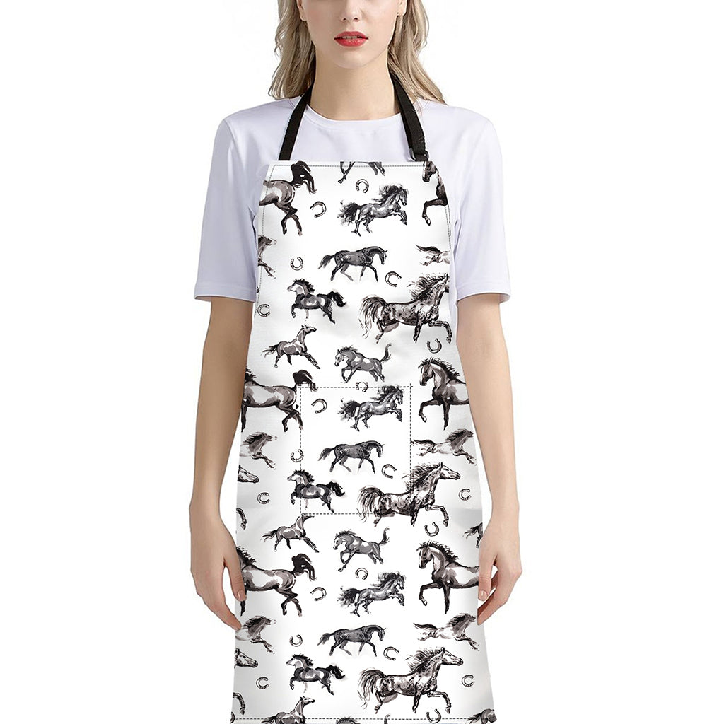 Watercolor Horse Pattern Print Bib Apron With Pocket
