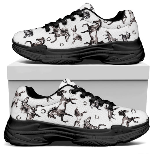 Watercolor Horse Pattern Print Black Chunky Shoes
