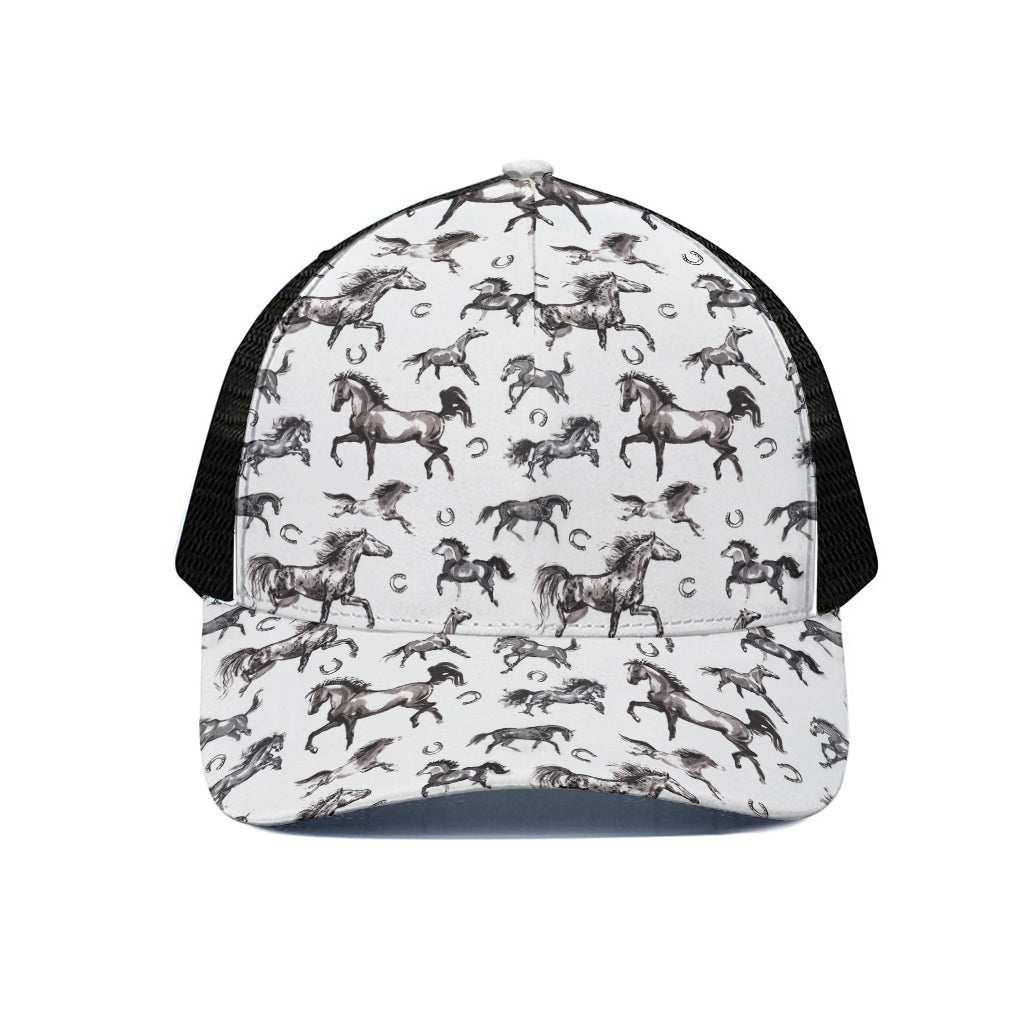 Watercolor Horse Pattern Print Black Mesh Trucker Cap