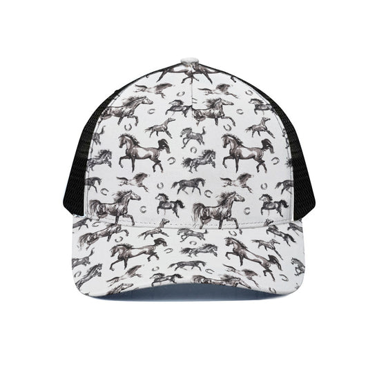 Watercolor Horse Pattern Print Black Mesh Trucker Cap