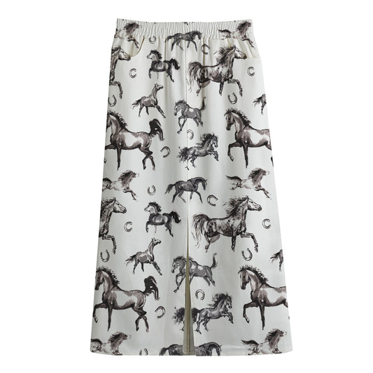 Watercolor Horse Pattern Print Cotton Front Slit Maxi Skirt