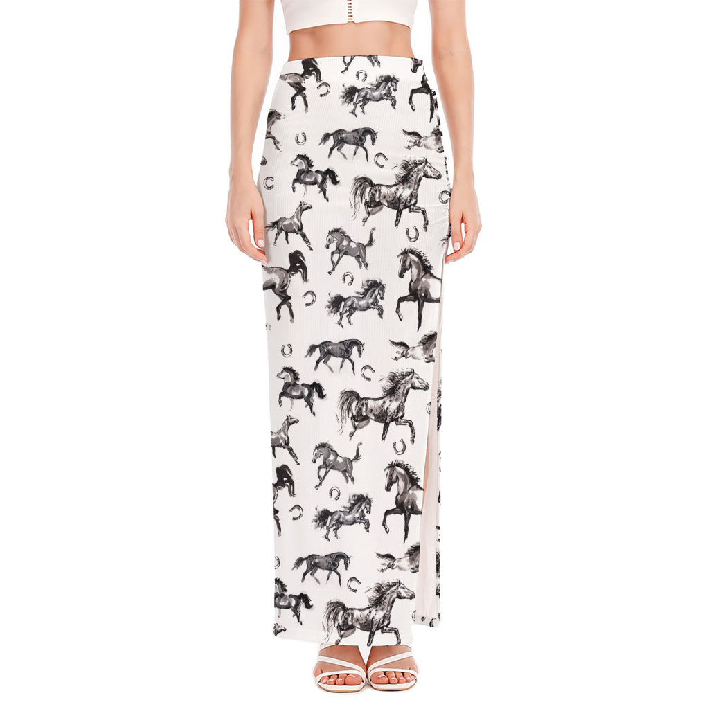 Watercolor Horse Pattern Print High Slit Maxi Skirt