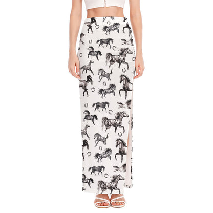Watercolor Horse Pattern Print High Slit Maxi Skirt