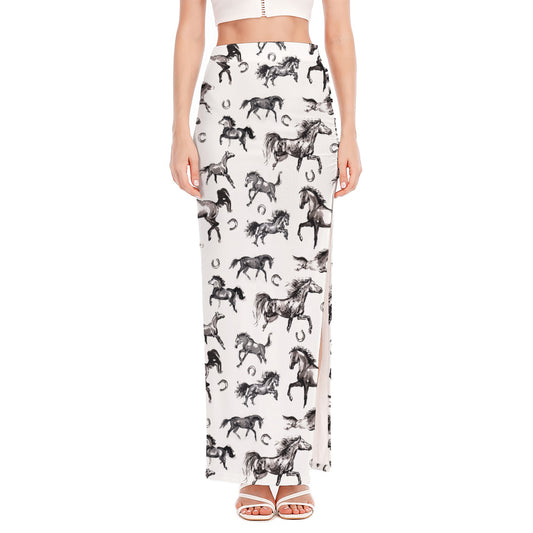 Watercolor Horse Pattern Print High Slit Maxi Skirt