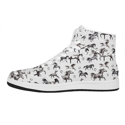 Watercolor Horse Pattern Print High Top Leather Sneakers