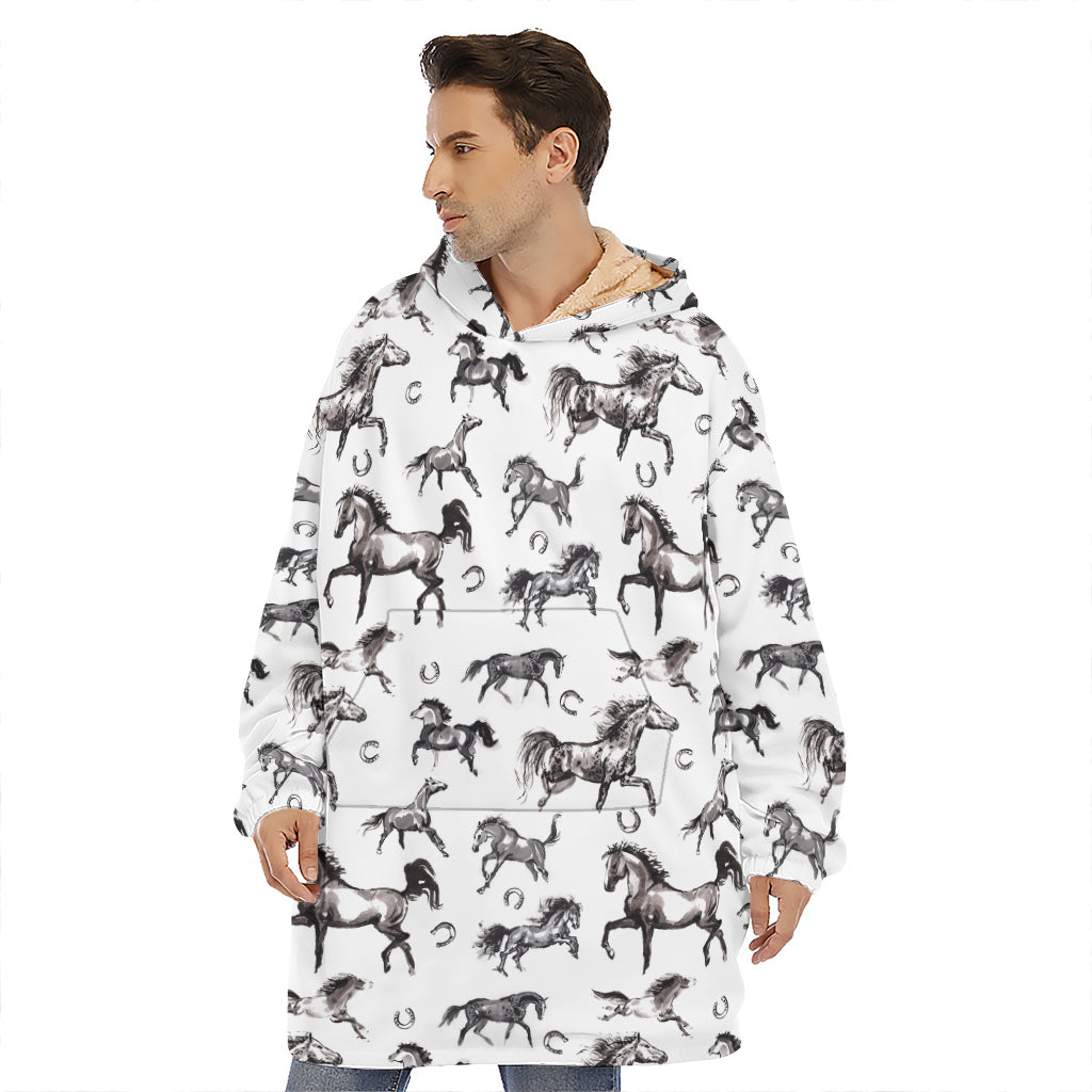 Watercolor Horse Pattern Print Hoodie Blanket
