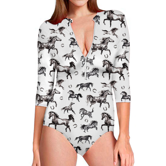 Watercolor Horse Pattern Print Long Sleeve Swimsuit