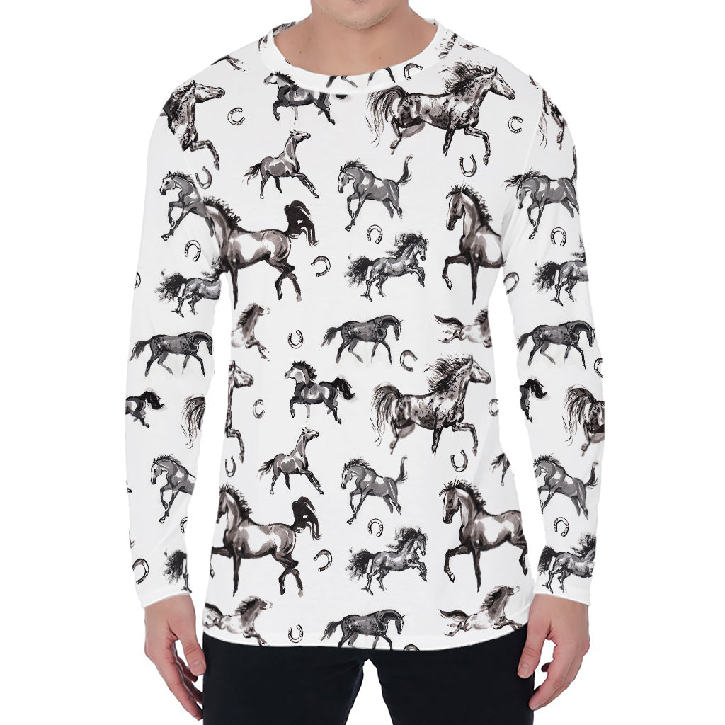 Watercolor Horse Pattern Print Men's Long Sleeve T-Shirt