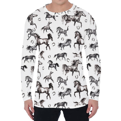 Watercolor Horse Pattern Print Men's Long Sleeve T-Shirt
