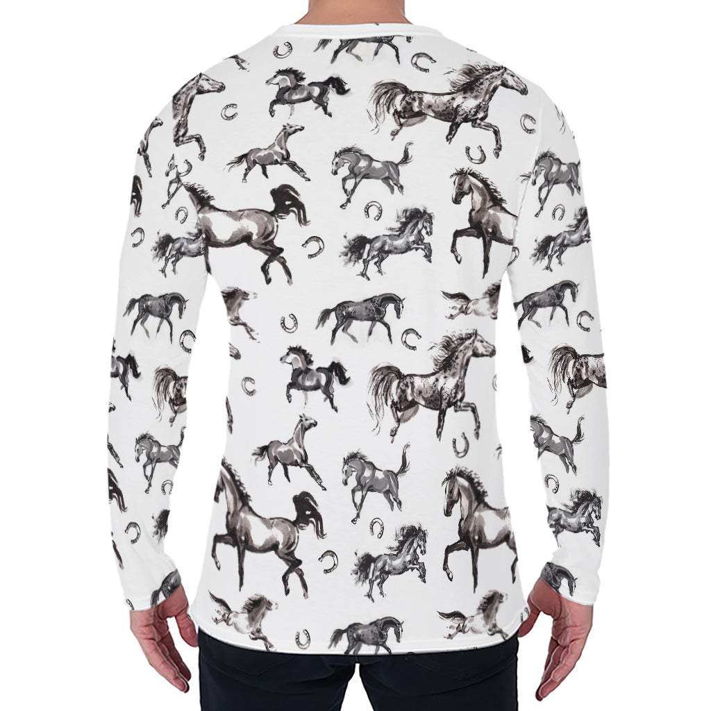 Watercolor Horse Pattern Print Men's Long Sleeve T-Shirt