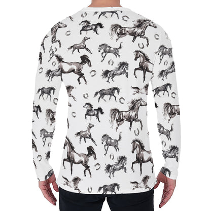Watercolor Horse Pattern Print Men's Long Sleeve T-Shirt