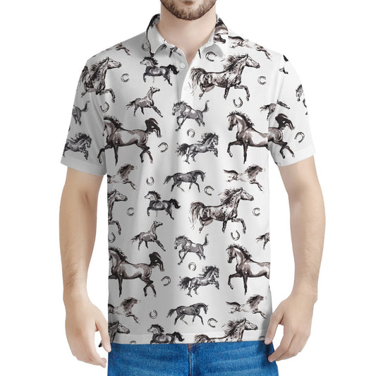 Watercolor Horse Pattern Print Men's Polo Shirt