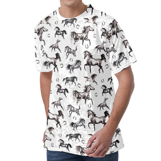 Watercolor Horse Pattern Print Men's Velvet T-Shirt
