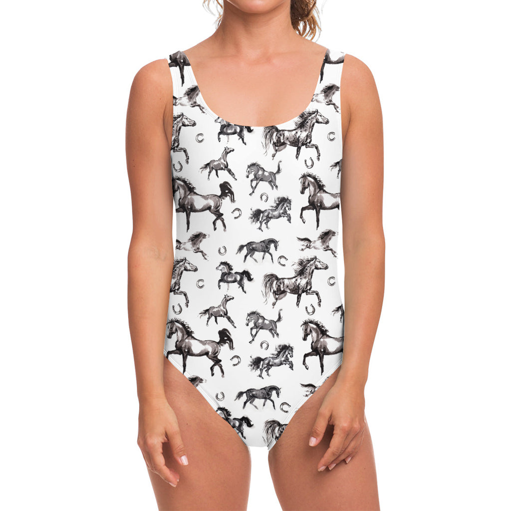 Watercolor Horse Pattern Print One Piece Swimsuit
