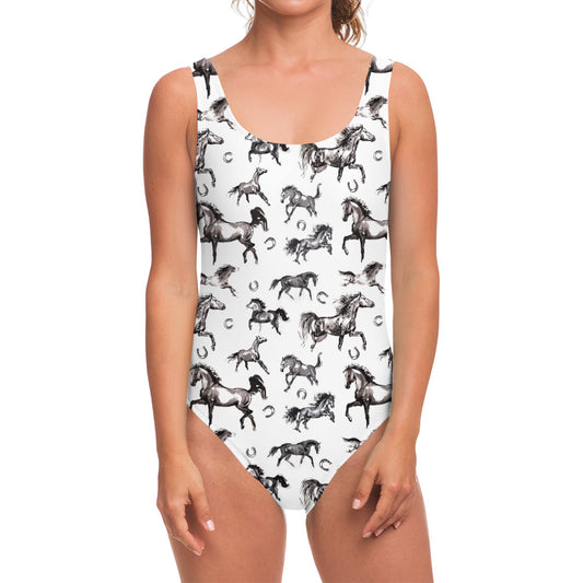 Watercolor Horse Pattern Print One Piece Swimsuit