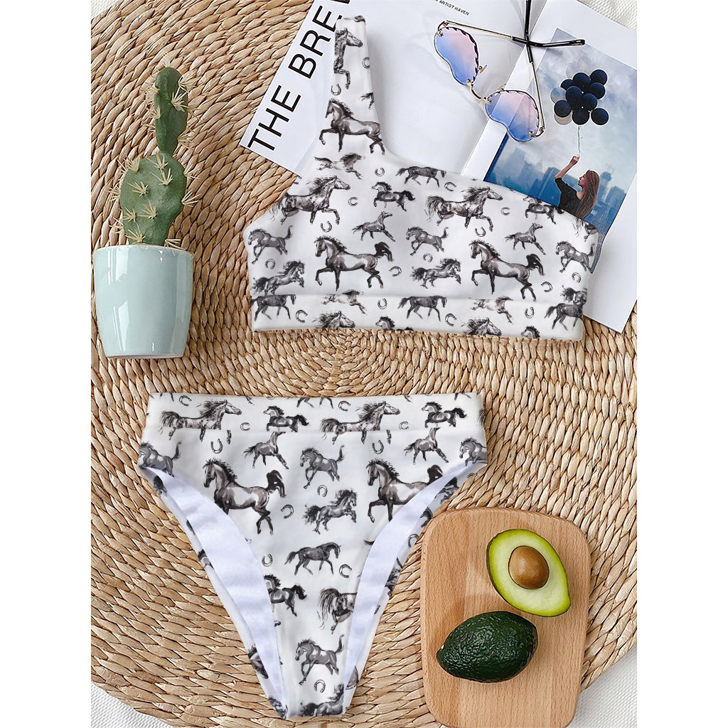 Watercolor Horse Pattern Print One Shoulder Bikini Top