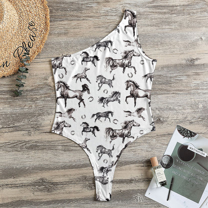 Watercolor Horse Pattern Print One Shoulder Bodysuit