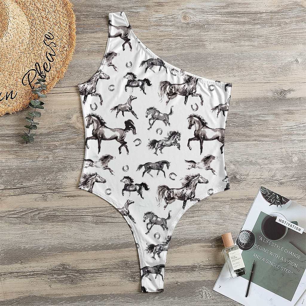 Watercolor Horse Pattern Print One Shoulder Bodysuit