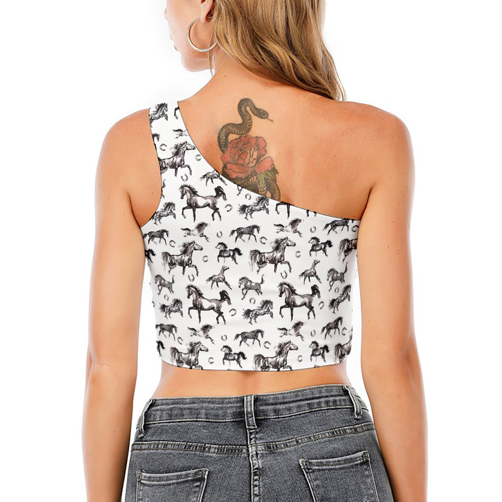 Watercolor Horse Pattern Print One Shoulder Crop Top