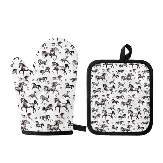 Watercolor Horse Pattern Print Oven Mitt And Pot Holder Set