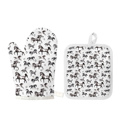 Watercolor Horse Pattern Print Oven Mitt And Pot Holder Set