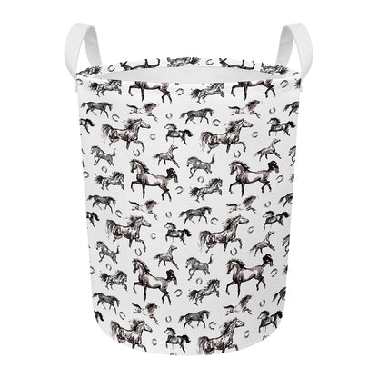 Watercolor Horse Pattern Print Round Laundry Basket