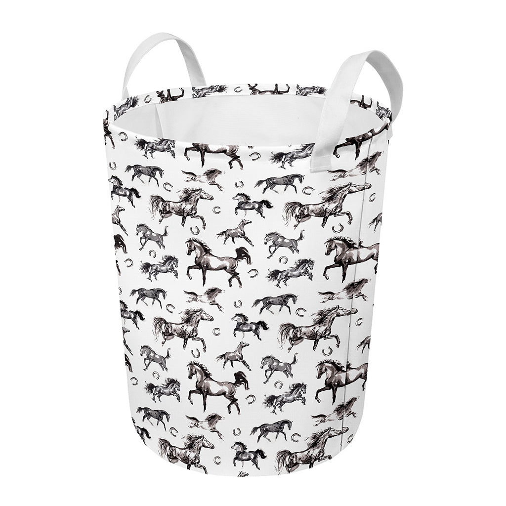 Watercolor Horse Pattern Print Round Laundry Basket