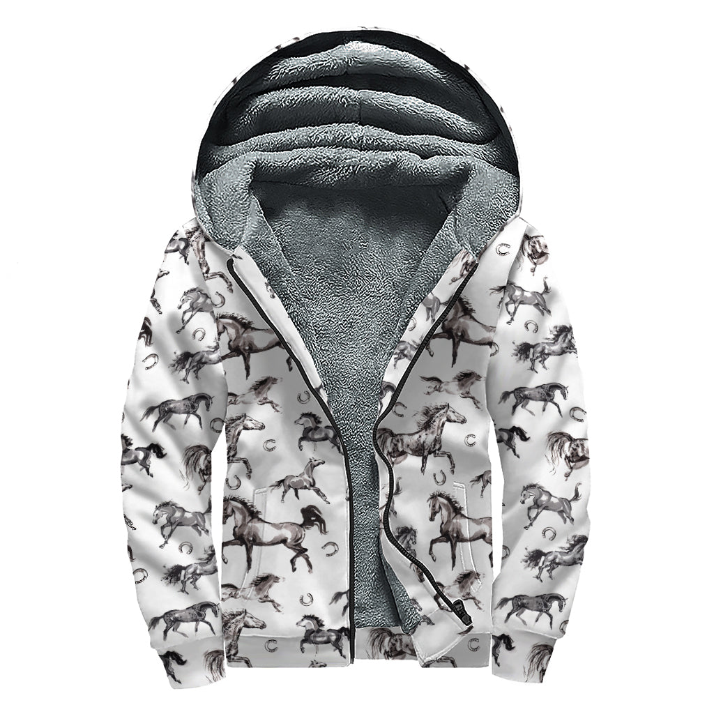 Watercolor Horse Pattern Print Sherpa Lined Zip Up Hoodie