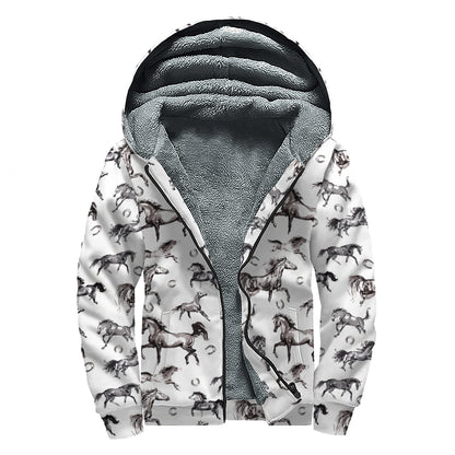 Watercolor Horse Pattern Print Sherpa Lined Zip Up Hoodie