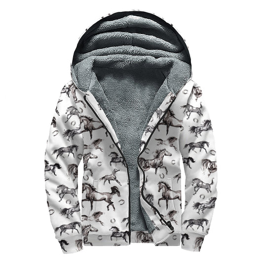 Watercolor Horse Pattern Print Sherpa Lined Zip Up Hoodie