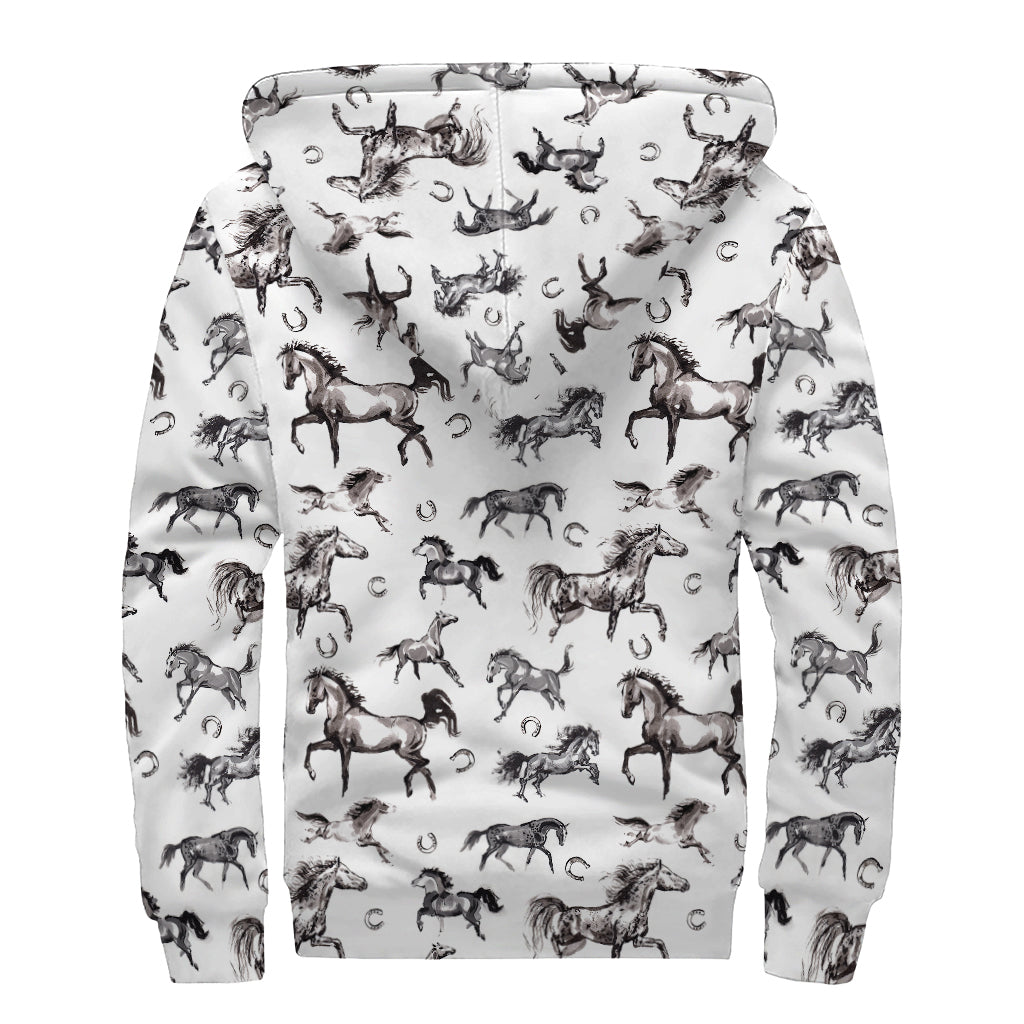 Watercolor Horse Pattern Print Sherpa Lined Zip Up Hoodie