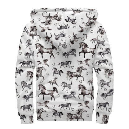 Watercolor Horse Pattern Print Sherpa Lined Zip Up Hoodie